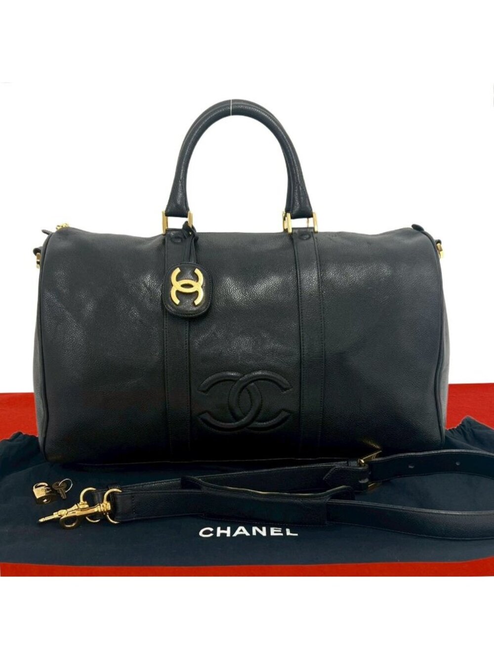 Chanel Jumbo CC Logo Caviar Leather 2-Way Boston Bag Black